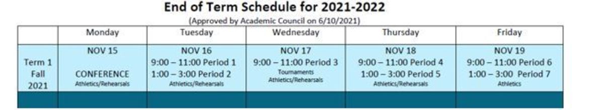 End of term Schedule 2021-2022